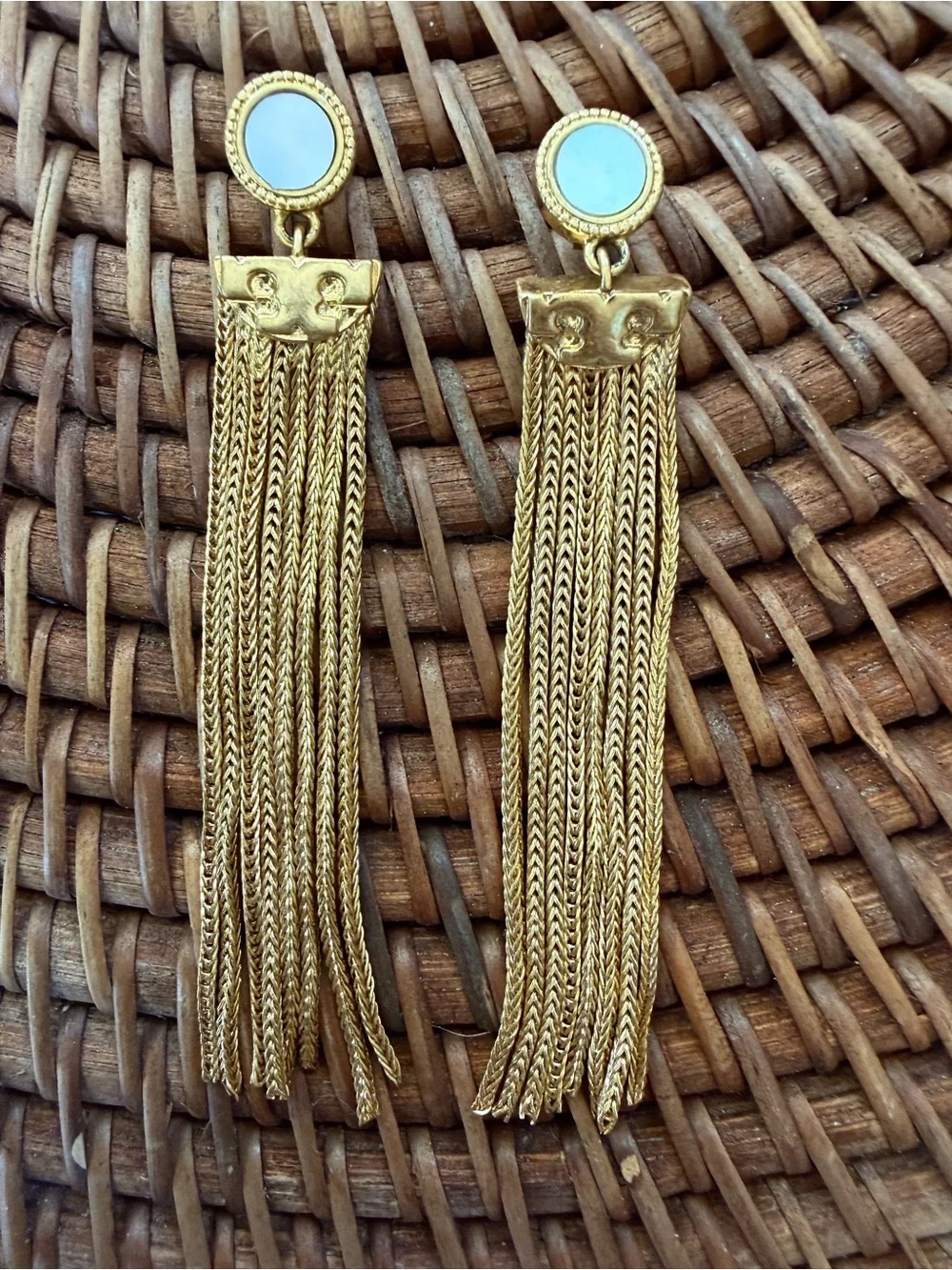 Tory Burch Dramatic Gold ChainTassel Earrings MOP Cabochon Pierced/Post